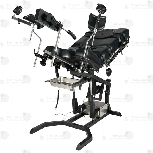Side profile of electric gyno bondage chair with motorized height adjustment, leather padded cushions, restraint straps, and leg supports