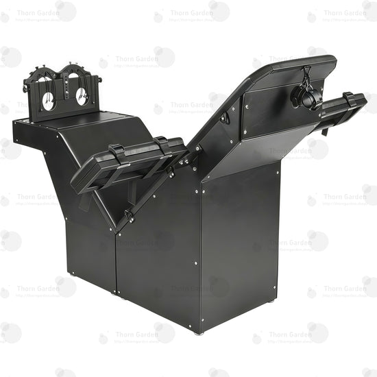 Black heavy-duty tickling chair with steel frame and adjustable leather restraint panels
