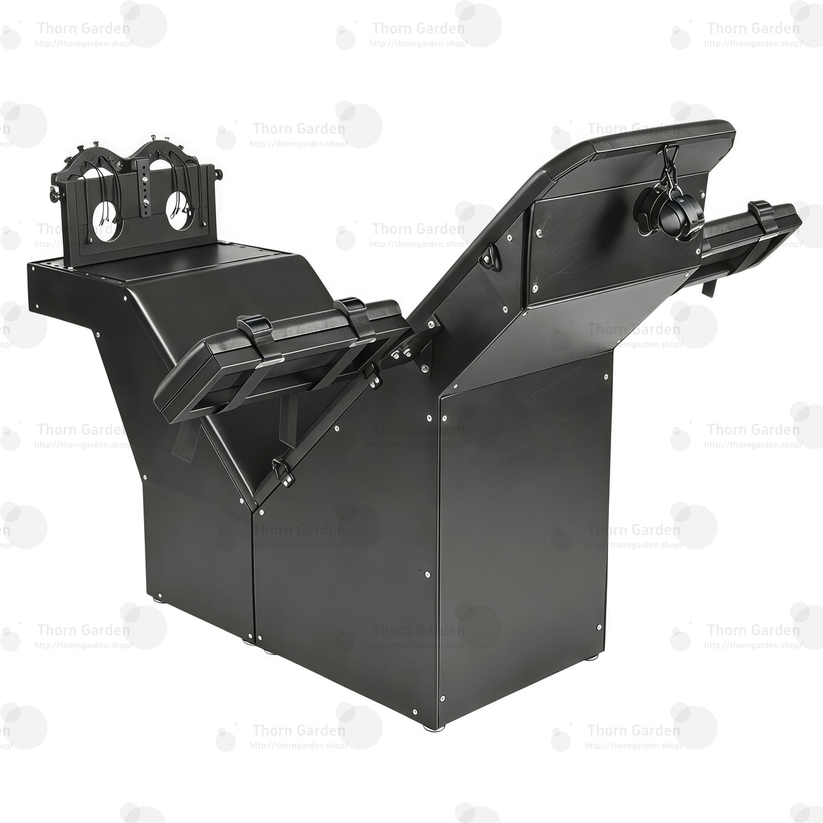 Black heavy-duty tickling chair with steel frame and adjustable leather restraint panels