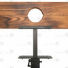 Close-up of burnt-wood finish pillory top with neck and wrist openings and integrated lock