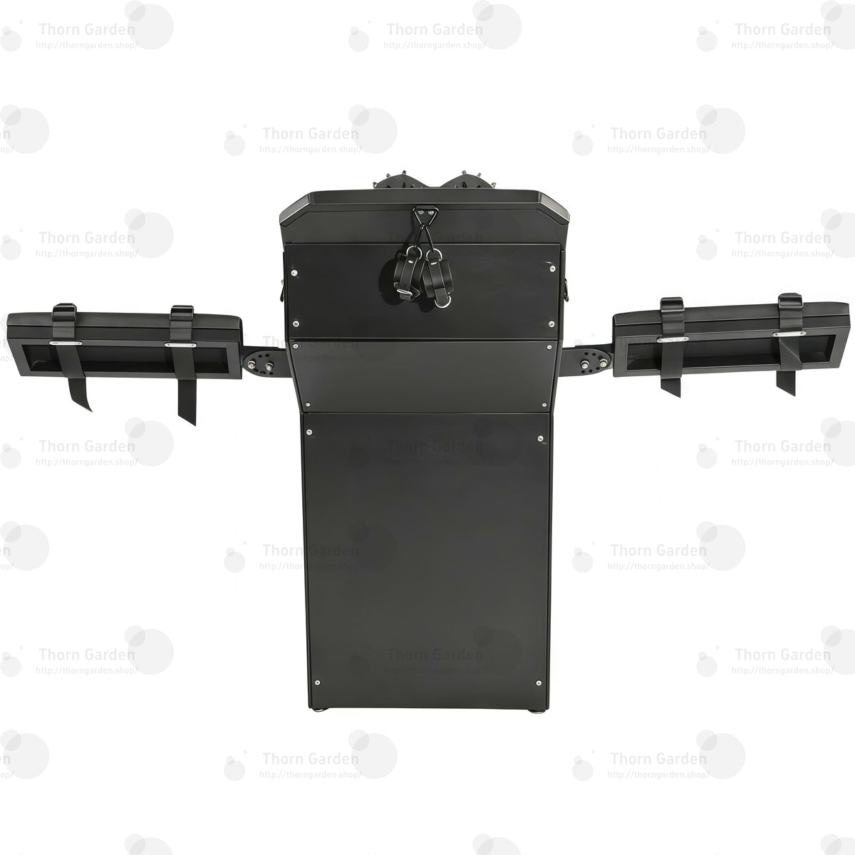 Black heavy-duty tickling chair with steel frame and adjustable leather restraint panels