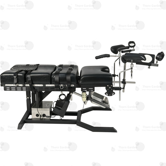 Side profile of electric gyno bondage chair with motorized height adjustment, leather padded cushions, restraint straps, and leg supports