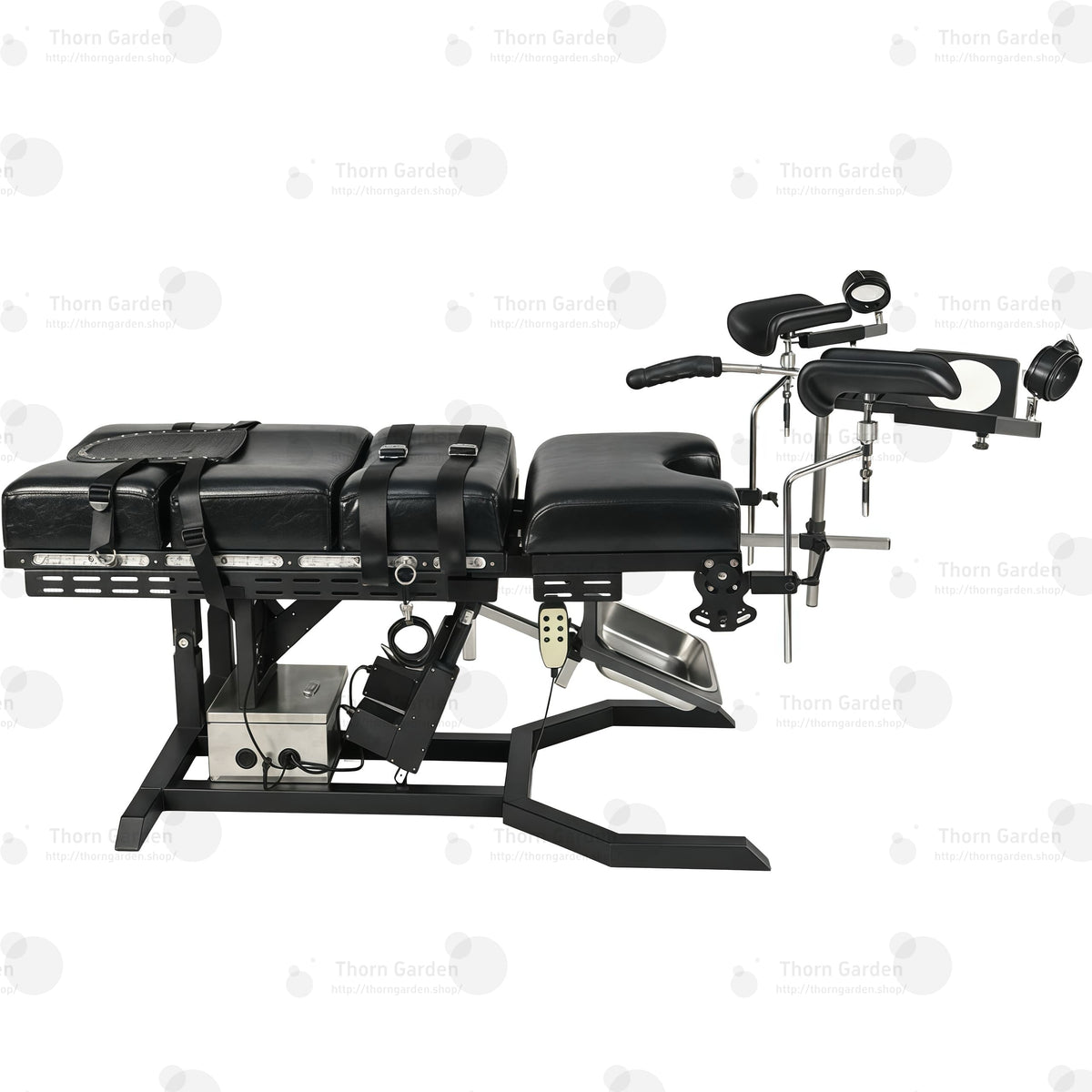 Side profile of electric gyno bondage chair with motorized height adjustment, leather padded cushions, restraint straps, and leg supports