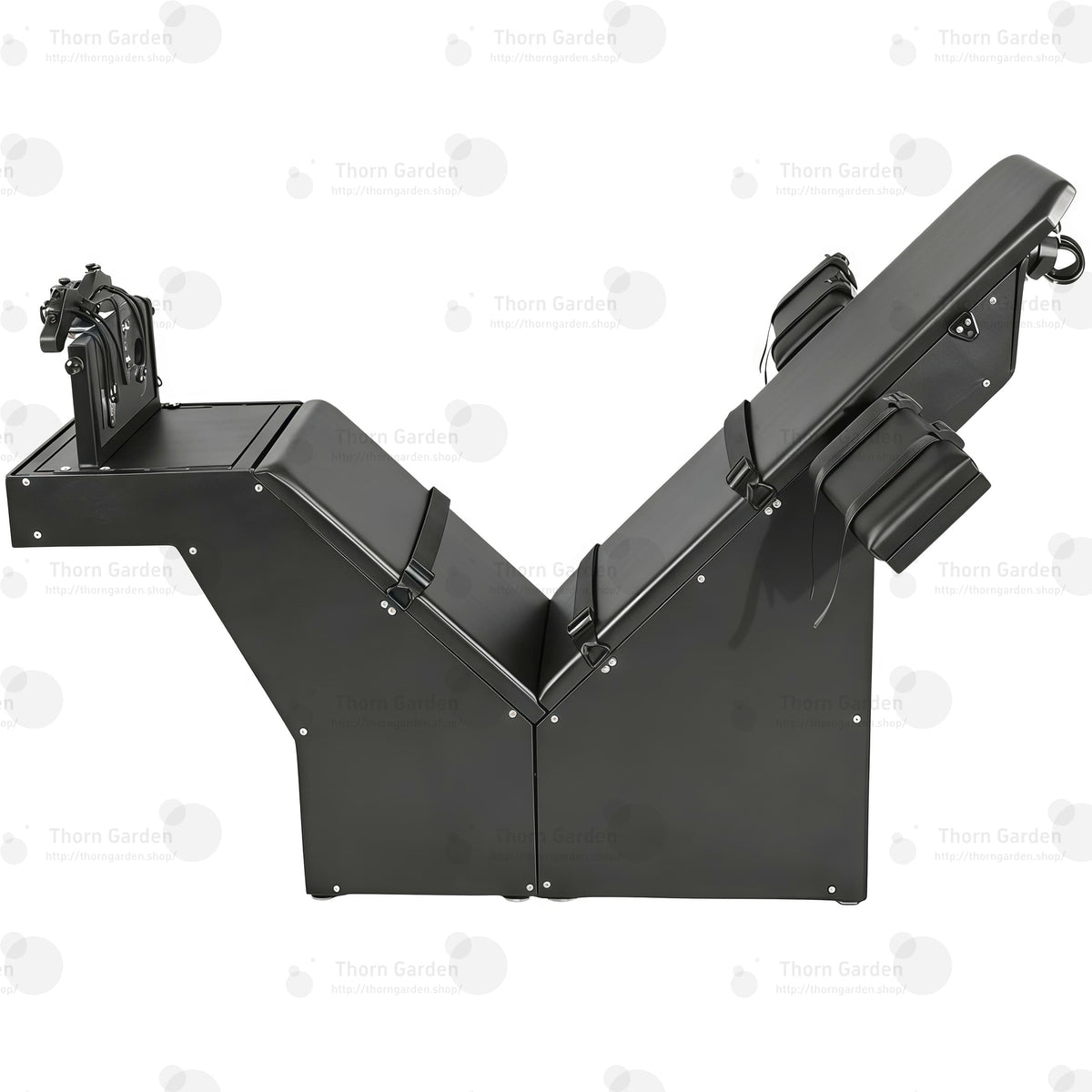 Black heavy-duty tickling chair with steel frame and adjustable leather restraint panels