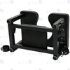 Detail of bottom padded leather headrest cushion and adjustable leveling feet on industrial steel frame