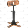Full view of wooden pillory floor stand with heavy-duty black steel support post and cross base