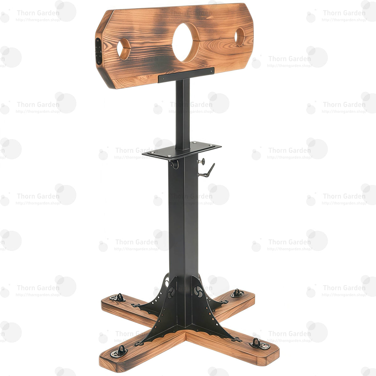 Full view of wooden pillory floor stand with heavy-duty black steel support post and cross base