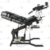 Close-up of electric lift actuator mechanism, control box, and handheld remote controller on gyno examination bondage chair