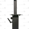 Detail of black steel central post with mounted accessory tray and support bracket