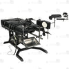 Detail of adjustable stainless steel leg support crutches with leather padding, wrist cuffs, and heavy-duty straps