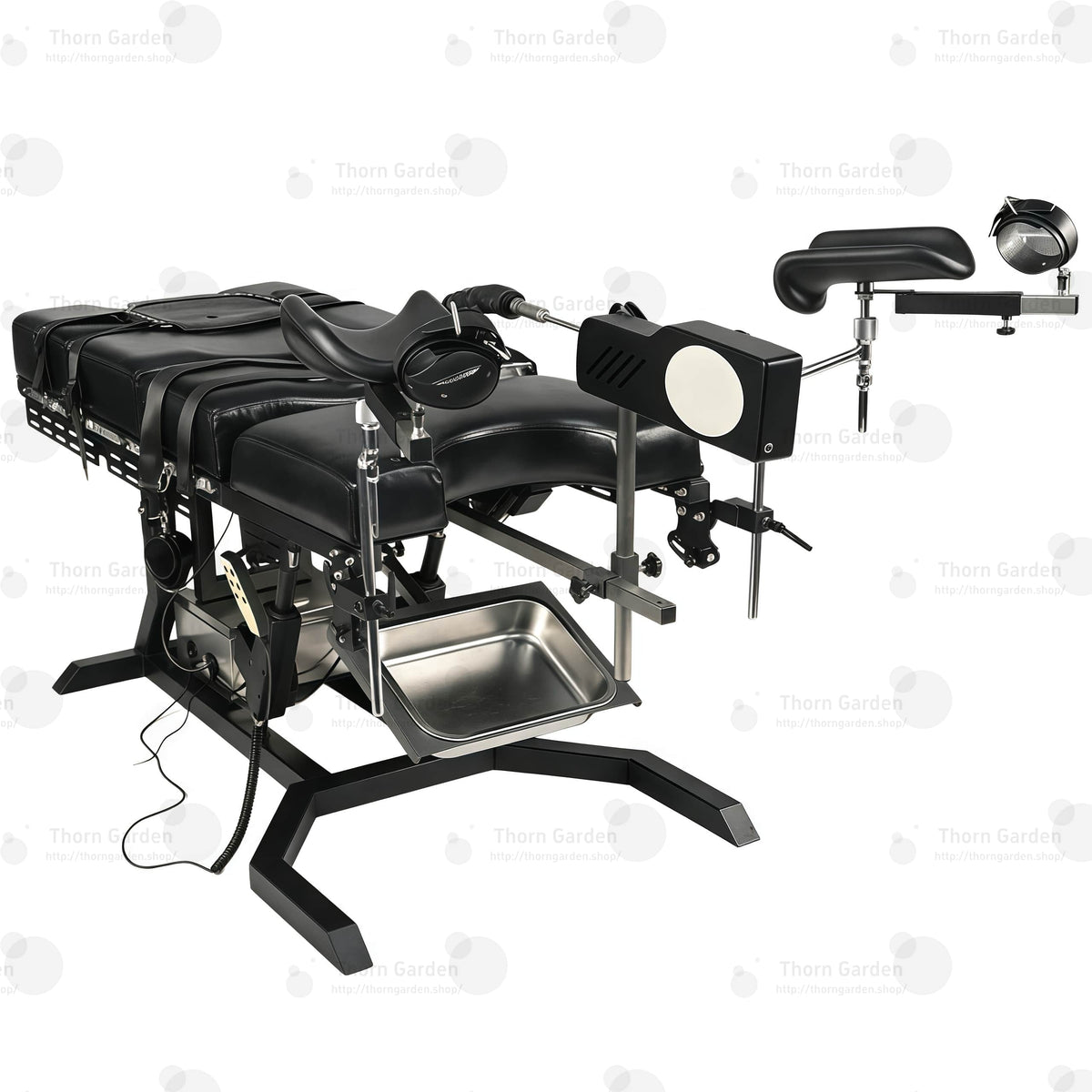Detail of adjustable stainless steel leg support crutches with leather padding, wrist cuffs, and heavy-duty straps
