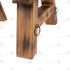Detail view of solid wood base structure and heavy-duty steel joinery on bondage horse bench