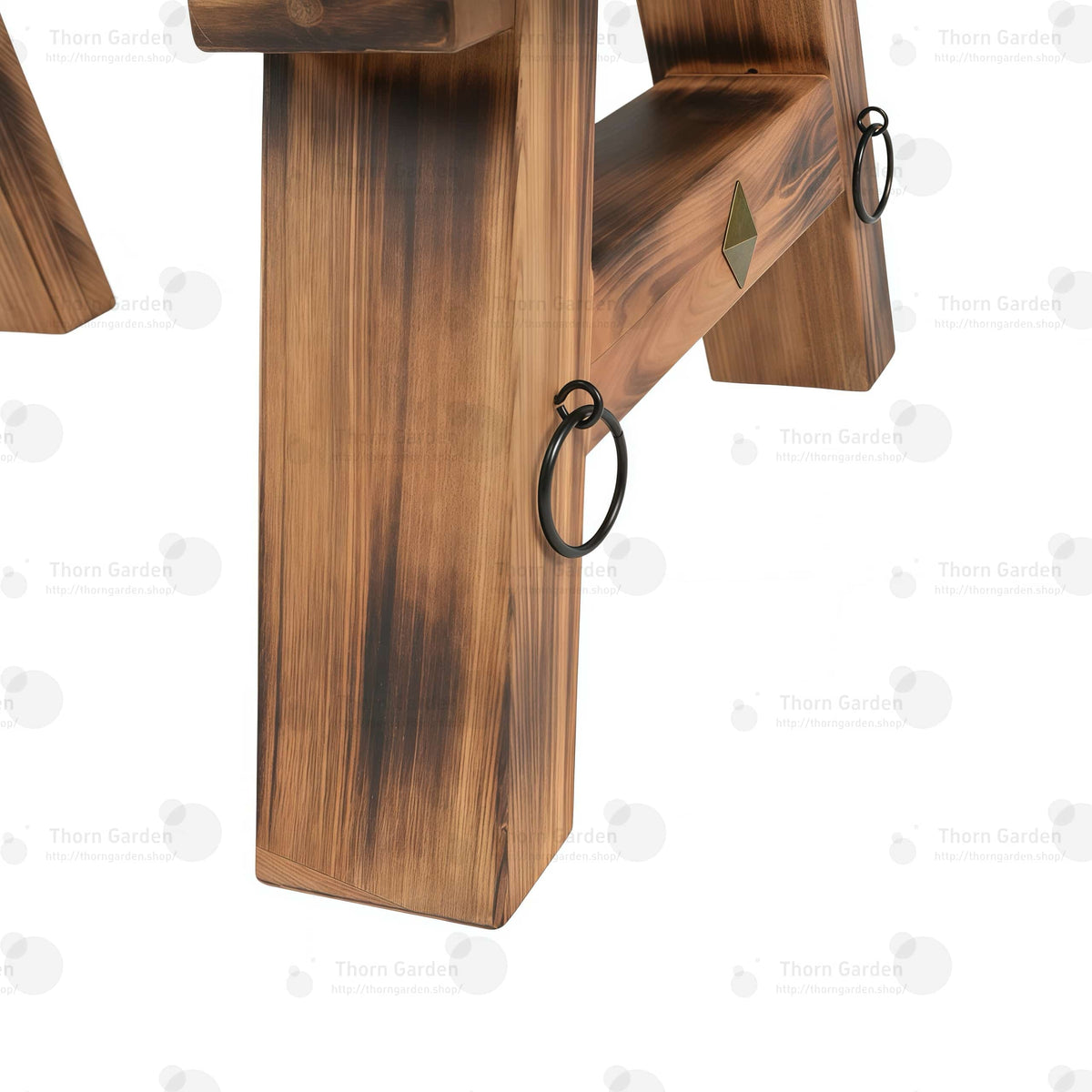 Detail view of solid wood base structure and heavy-duty steel joinery on bondage horse bench
