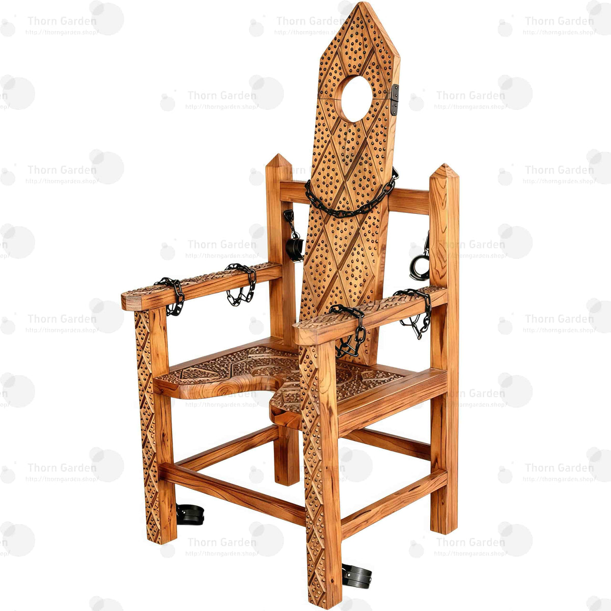 Full view of solid wood torture bondage armchair with hand-carved spiked texture, neck hole, chains, and restraints