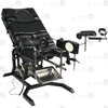 Side profile of electric gyno bondage chair with motorized height adjustment, leather padded cushions, restraint straps, and leg supports