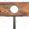Close-up of burnt-wood finish pillory top with neck and wrist openings and integrated lock