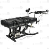 Side profile of electric gyno bondage chair with motorized height adjustment, leather padded cushions, restraint straps, and leg supports
