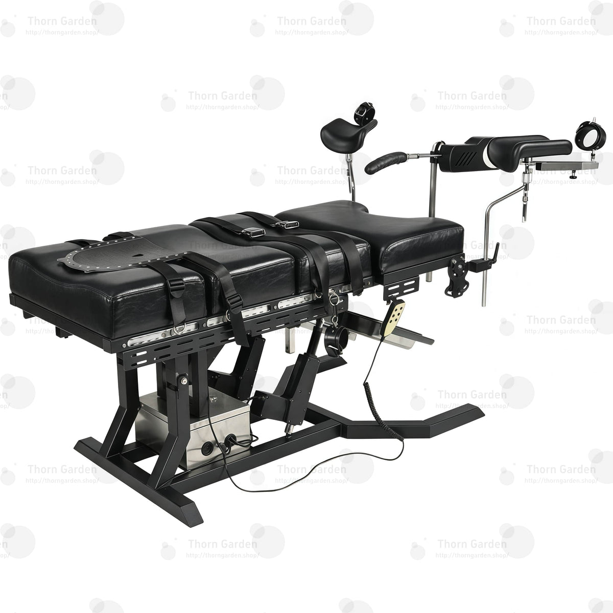 Side profile of electric gyno bondage chair with motorized height adjustment, leather padded cushions, restraint straps, and leg supports