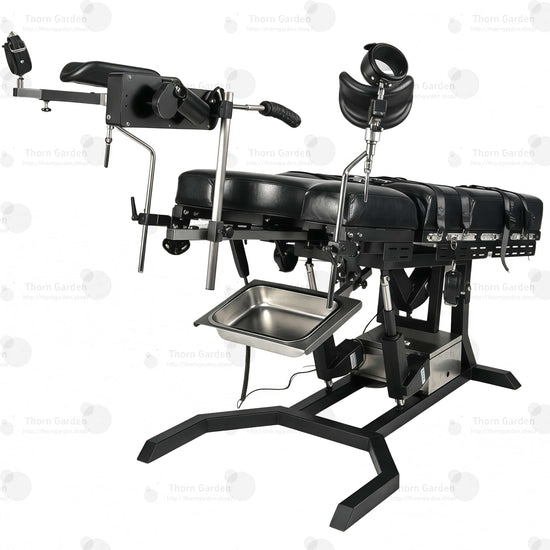 View of removable stainless steel utility tray and heavy-duty steel base frame on electric bondage table