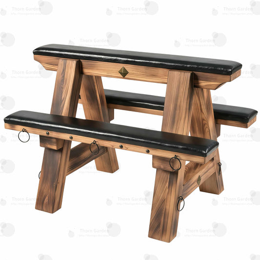 Three-quarter view of solid wood bondage horse bench with black leather padded cushions, torched wood finish, and metal anchor rings