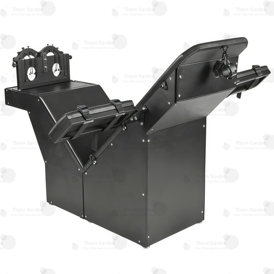 Black heavy-duty tickling chair with steel frame and adjustable leather restraint panels