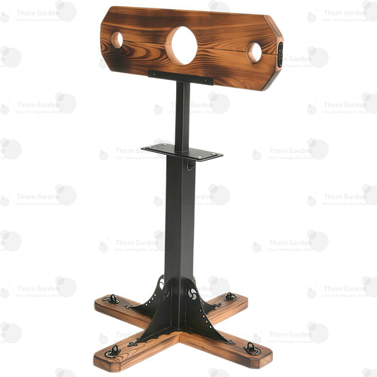 Full view of wooden pillory floor stand with heavy-duty black steel support post and cross base