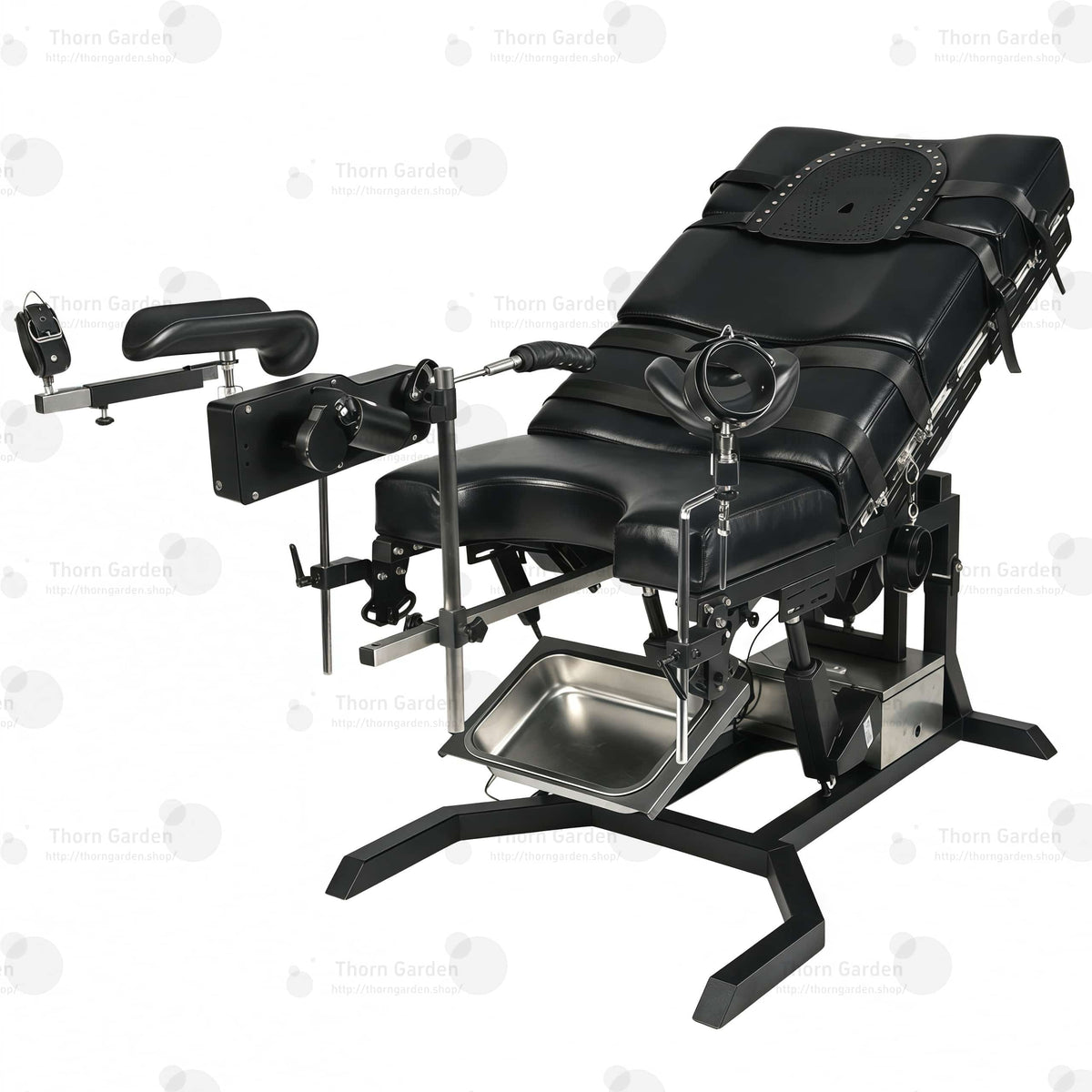 Side profile of electric gyno bondage chair with motorized height adjustment, leather padded cushions, restraint straps, and leg supports