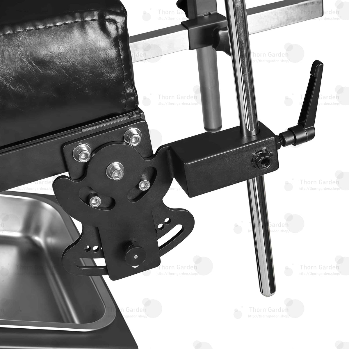 Detail of adjustable stainless steel leg support crutches with leather padding, wrist cuffs, and heavy-duty straps