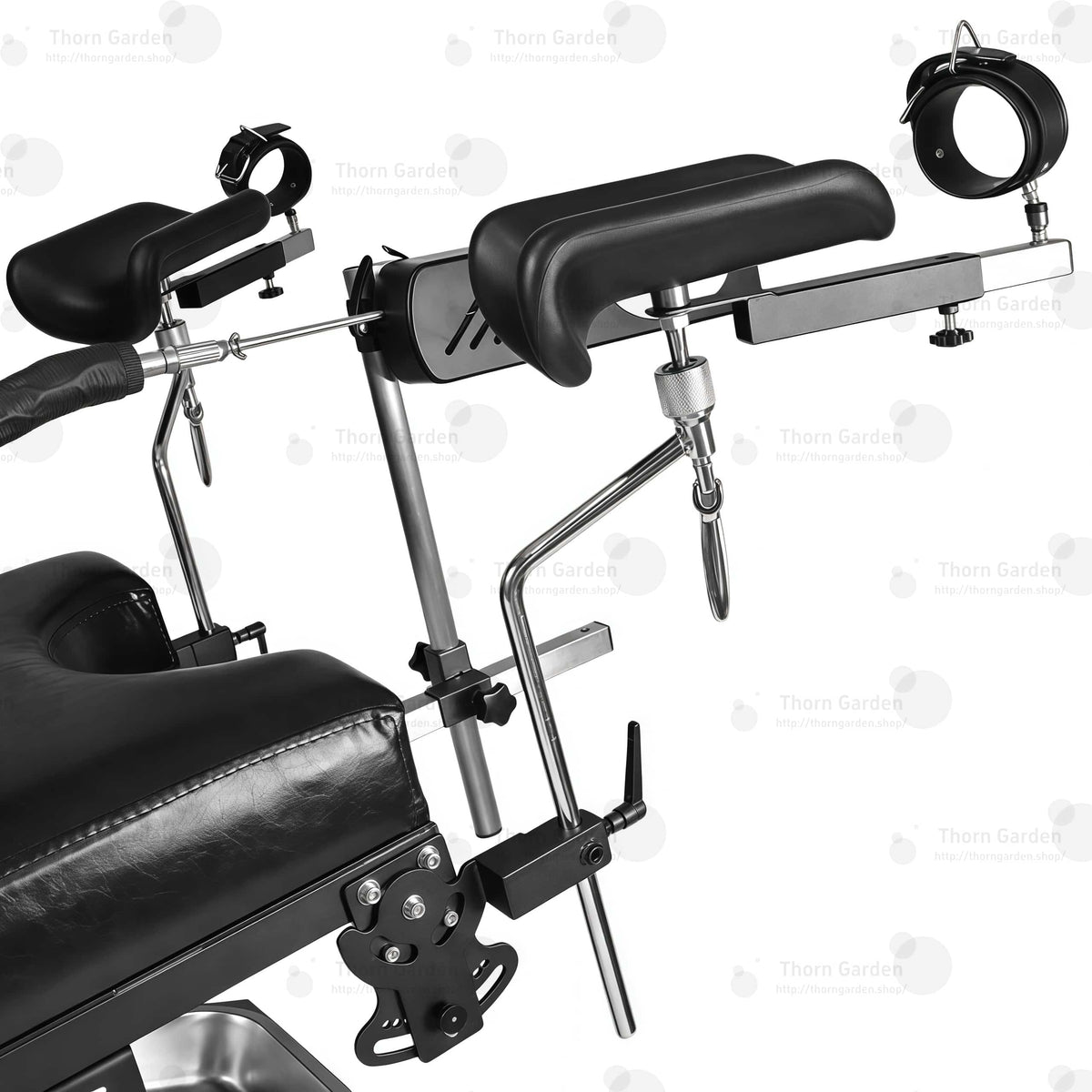 Detail of adjustable stainless steel leg support crutches with leather padding, wrist cuffs, and heavy-duty straps