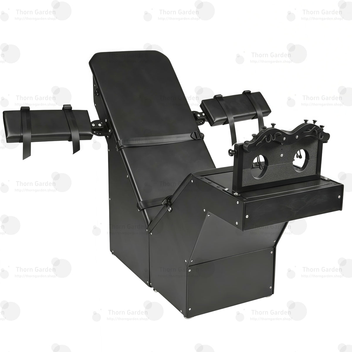 Black heavy-duty tickling chair with steel frame and adjustable leather restraint panels