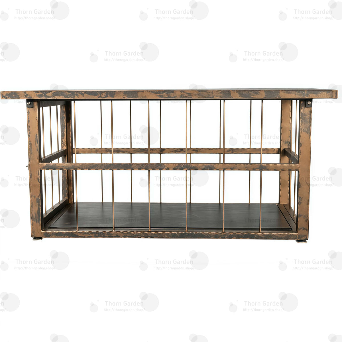 Interior view of TG062 bondage cage coffee table highlighting black padded leather base and steel bar enclosure