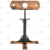 Full view of wooden pillory floor stand with heavy-duty black steel support post and cross base