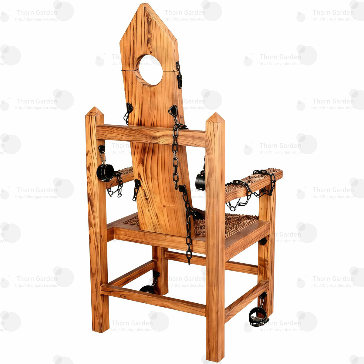 Full view of solid wood torture bondage armchair with hand-carved spiked texture, neck hole, chains, and restraints