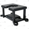 Full front view of premium leather queening chair with U-shaped cutout seat, black steel frame, bottom headrest, and restraint cuffs