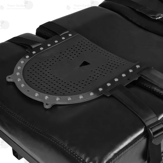 Full view of heavy-duty black leather face restraint harness with adjustable metal buckles and O-ring
