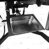 View of removable stainless steel utility tray and heavy-duty steel base frame on electric bondage table