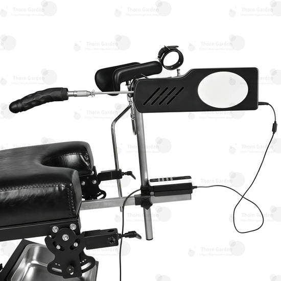 Close-up of reciprocating sex machine drive mechanism with adjustable thrusting angle connector and quick-release rod