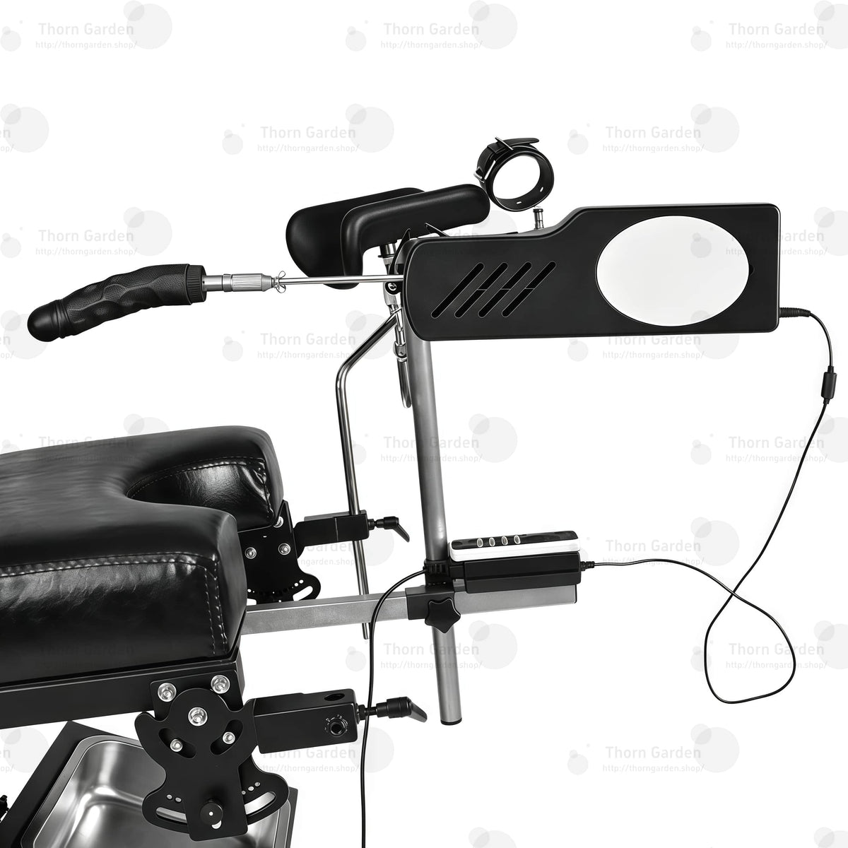 Close-up of reciprocating sex machine drive mechanism with adjustable thrusting angle connector and quick-release rod