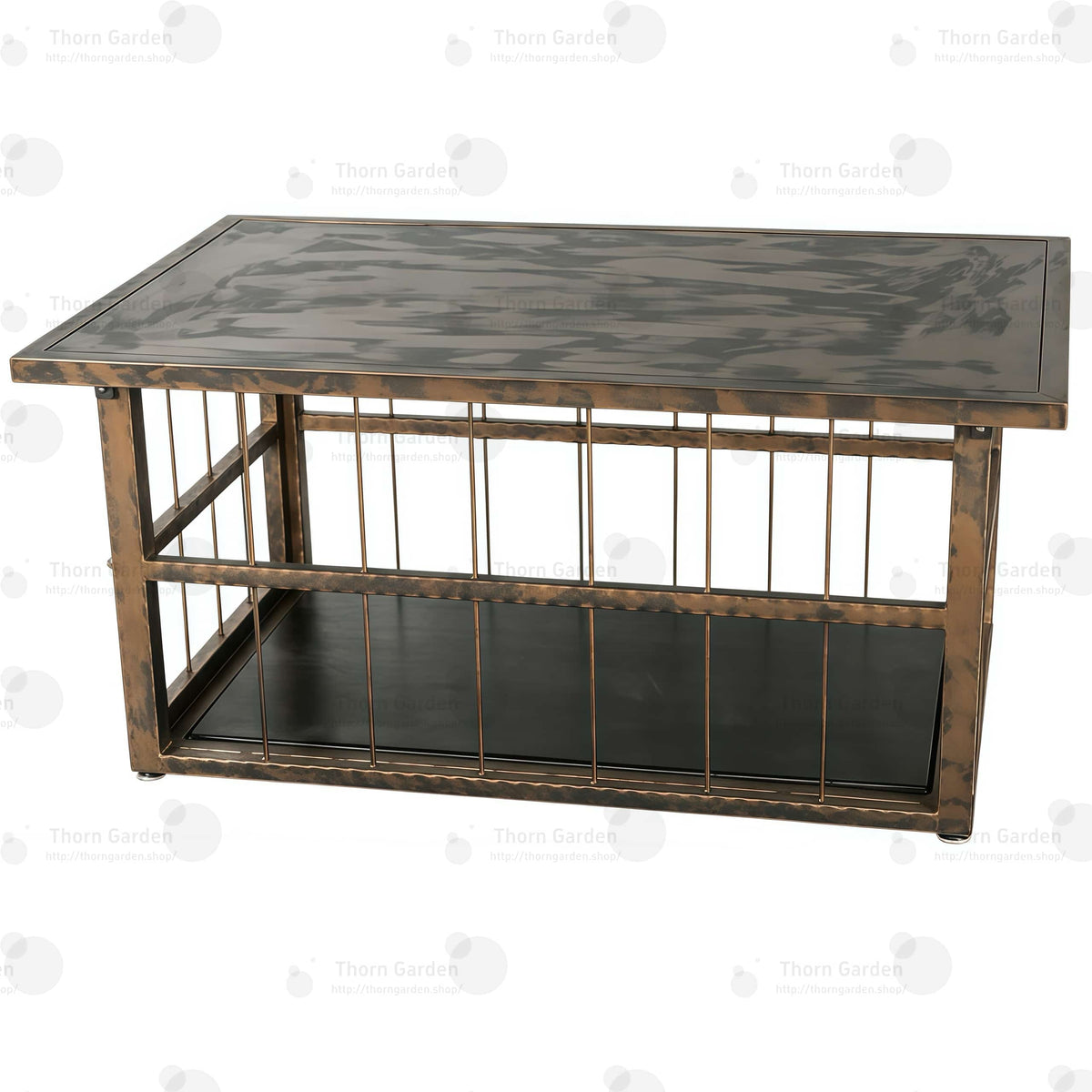 Close-up of distressed antique bronze tabletop finish and adjustable leveling feet on TG062 coffee table cage