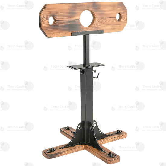 Full view of wooden pillory floor stand with heavy-duty black steel support post and cross base