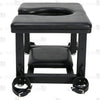 Full front view of premium leather queening chair with U-shaped cutout seat, black steel frame, bottom headrest, and restraint cuffs