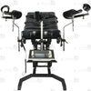 View of removable stainless steel utility tray and heavy-duty steel base frame on electric bondage table
