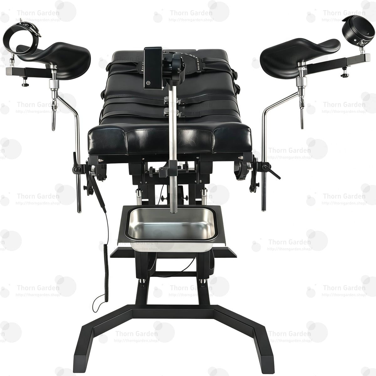 View of removable stainless steel utility tray and heavy-duty steel base frame on electric bondage table