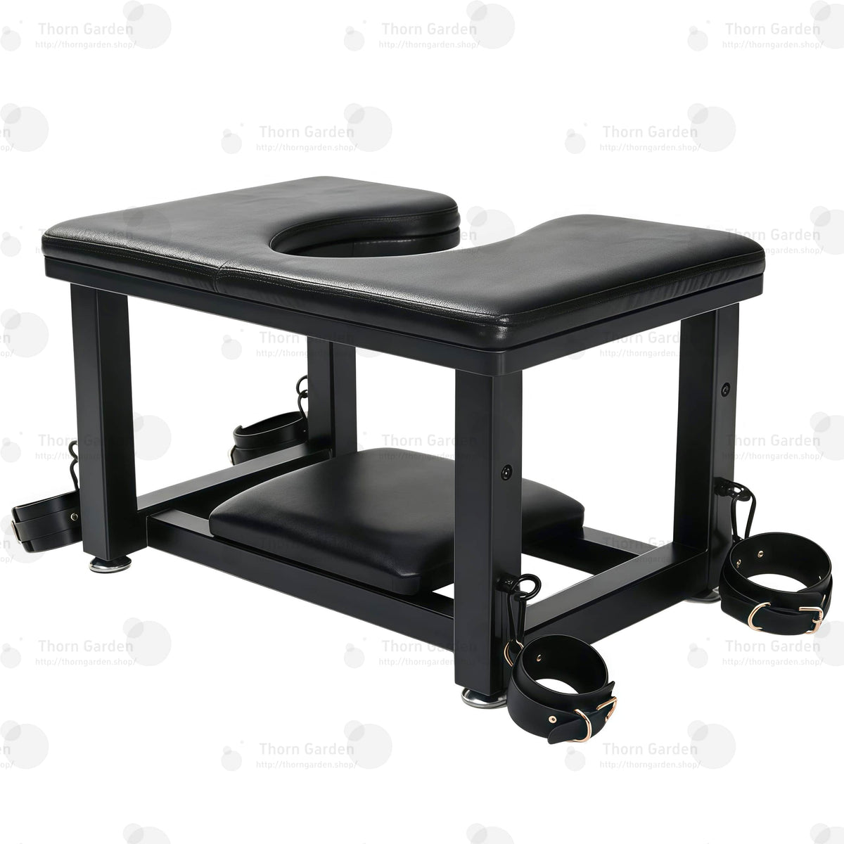 Full front view of premium leather queening chair with U-shaped cutout seat, black steel frame, bottom headrest, and restraint cuffs