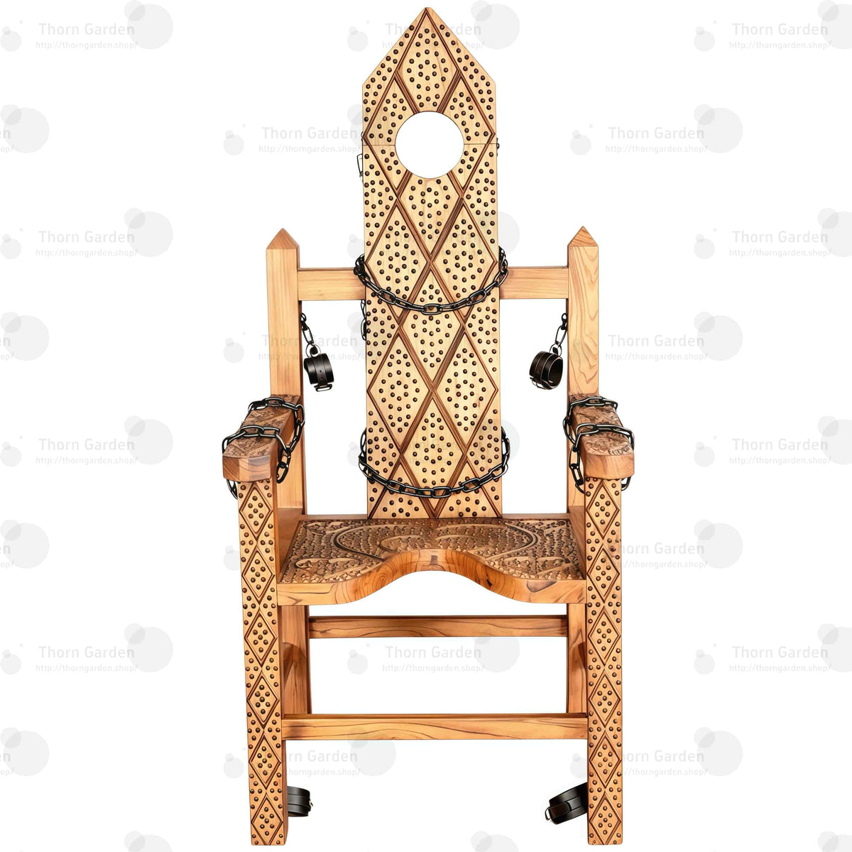 Full view of solid wood torture bondage armchair with hand-carved spiked texture, neck hole, chains, and restraints