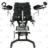 View of removable stainless steel utility tray and heavy-duty steel base frame on electric bondage table