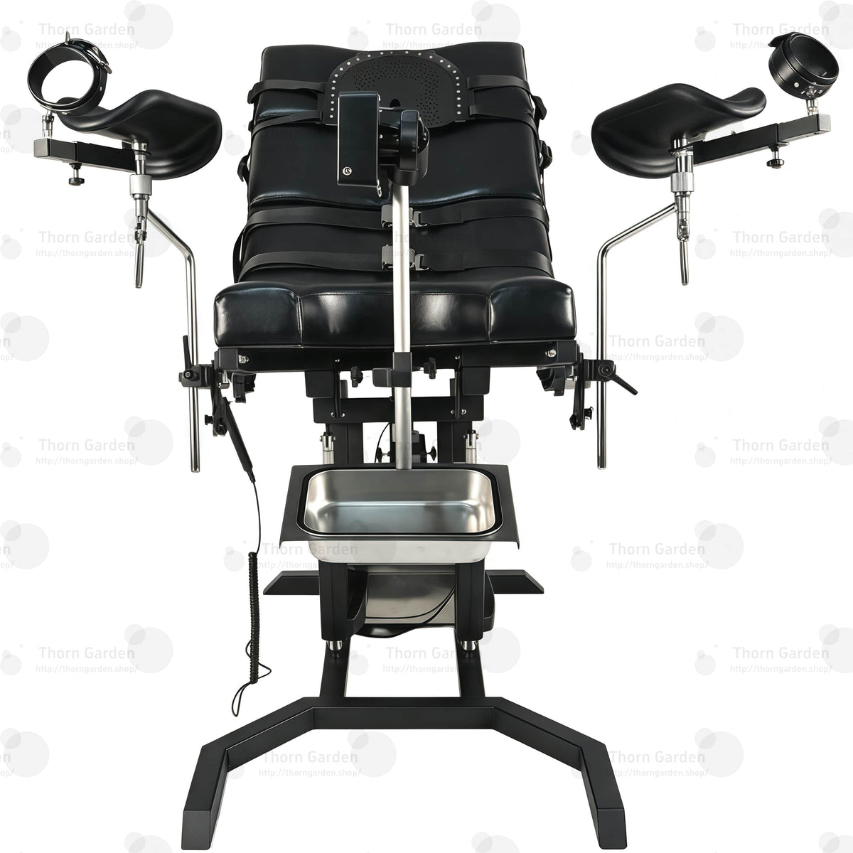 View of removable stainless steel utility tray and heavy-duty steel base frame on electric bondage table