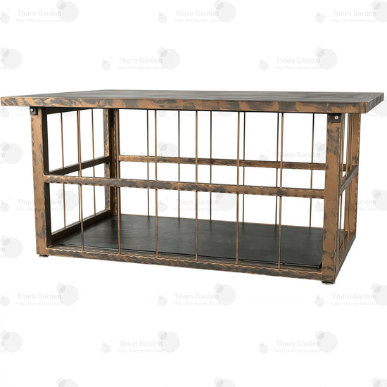 Vintage coffee table bondage cage TG062 with antique bronze steel frame, vertical bars, and black leather-padded interior