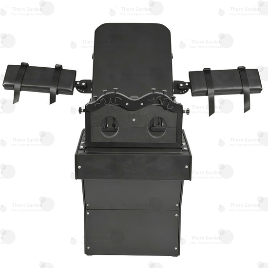 Black heavy-duty tickling chair with steel frame and adjustable leather restraint panels