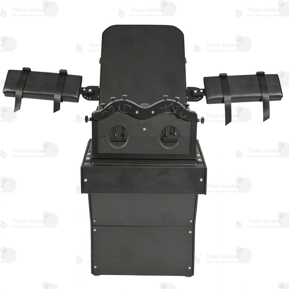 Black heavy-duty tickling chair with steel frame and adjustable leather restraint panels